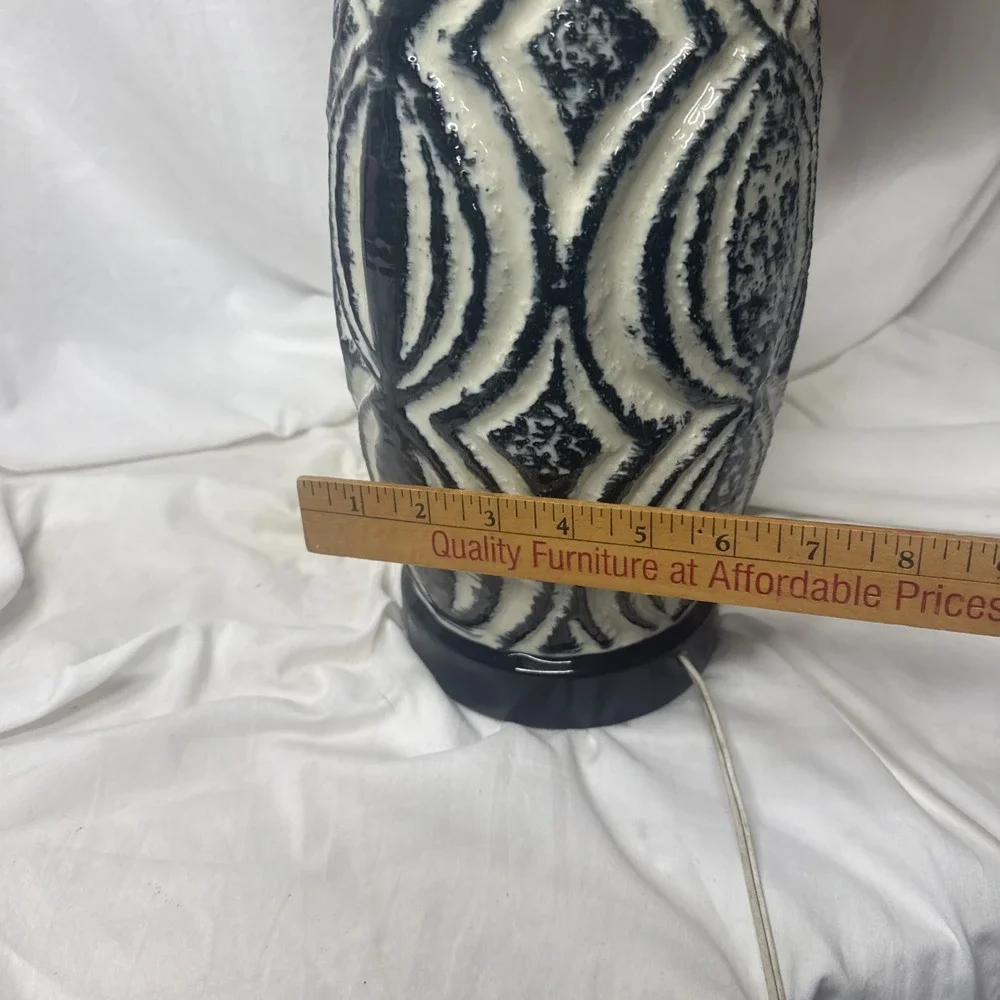 VTG MCM Pottery Lamp Geometric Textured Blue Black White Groovy Design Wood Neck